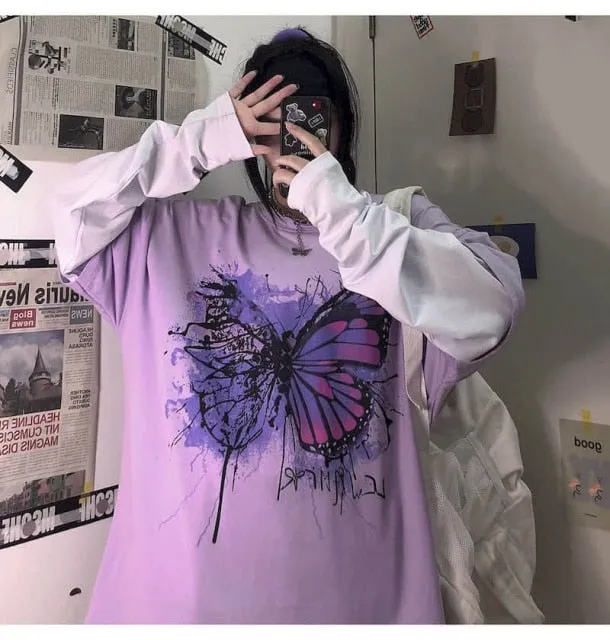 NiceMix Harajuku pumpkin Print letter T shirt Fake 2 Pieces Patchwork Casual Long Sleeve T-shirt Women And Men Streetwear Tops