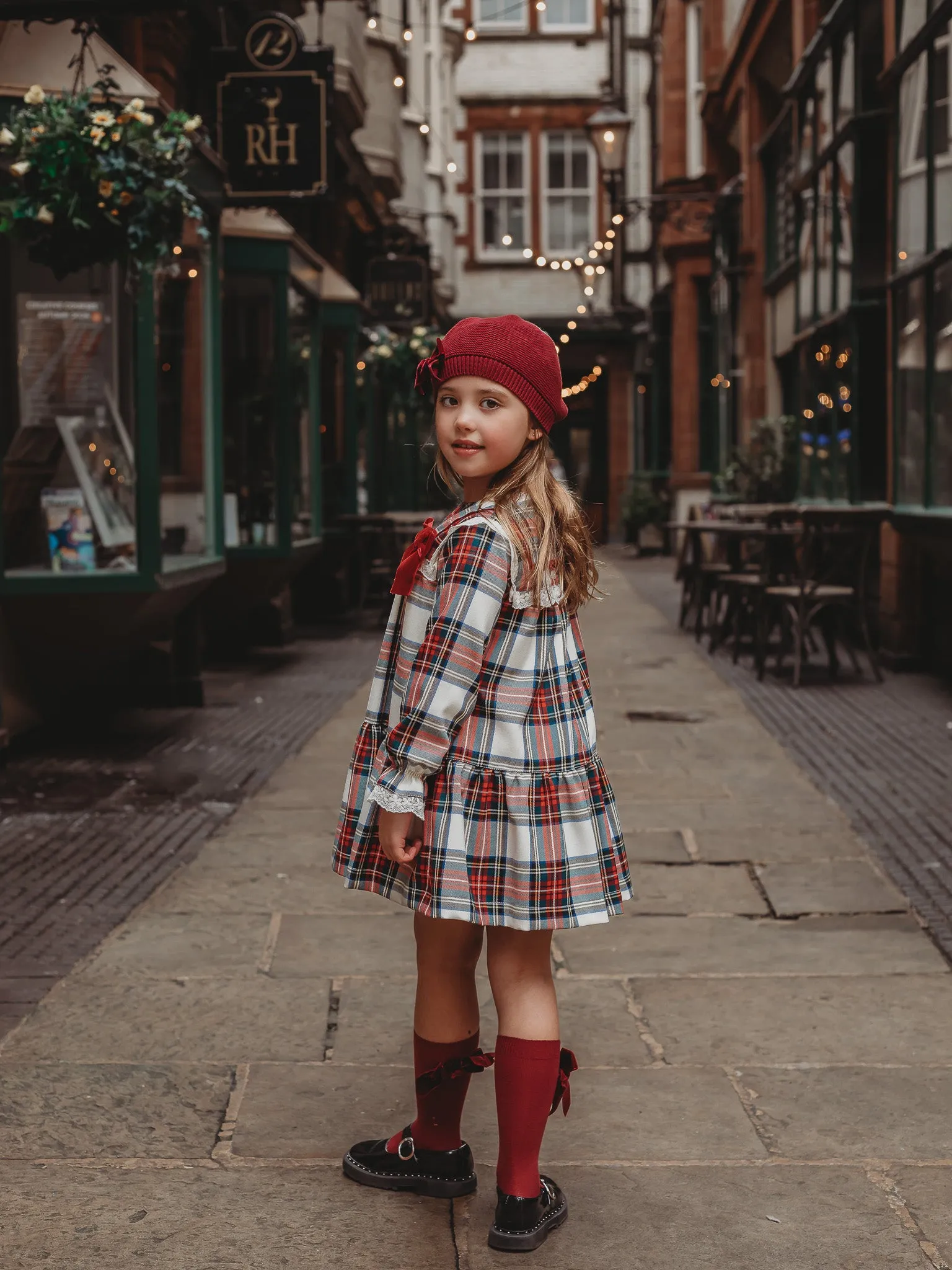'Noelle' Tartan Dress with Burgundy Bow