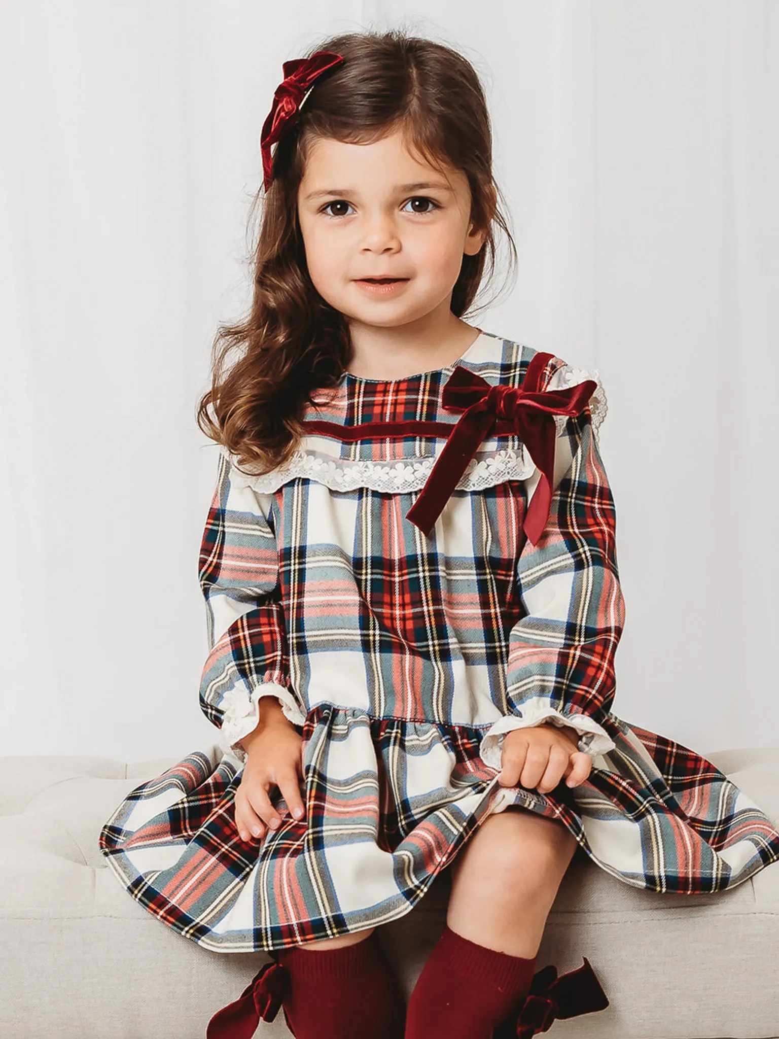 'Noelle' Tartan Dress with Burgundy Bow