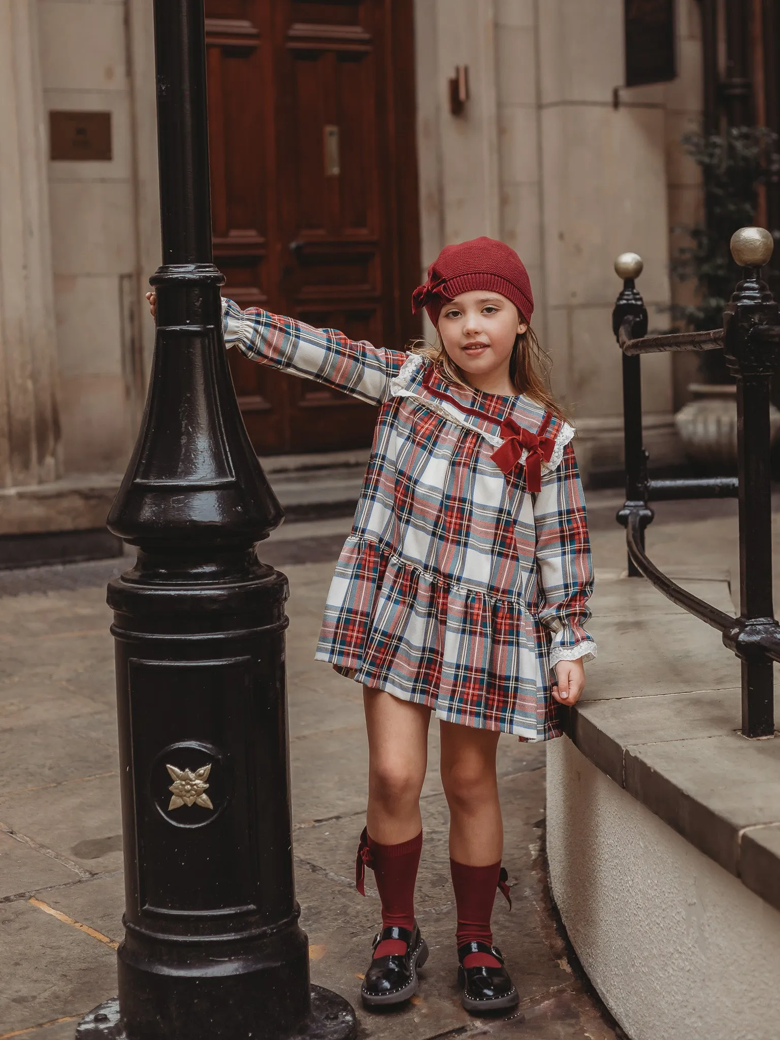 'Noelle' Tartan Dress with Burgundy Bow