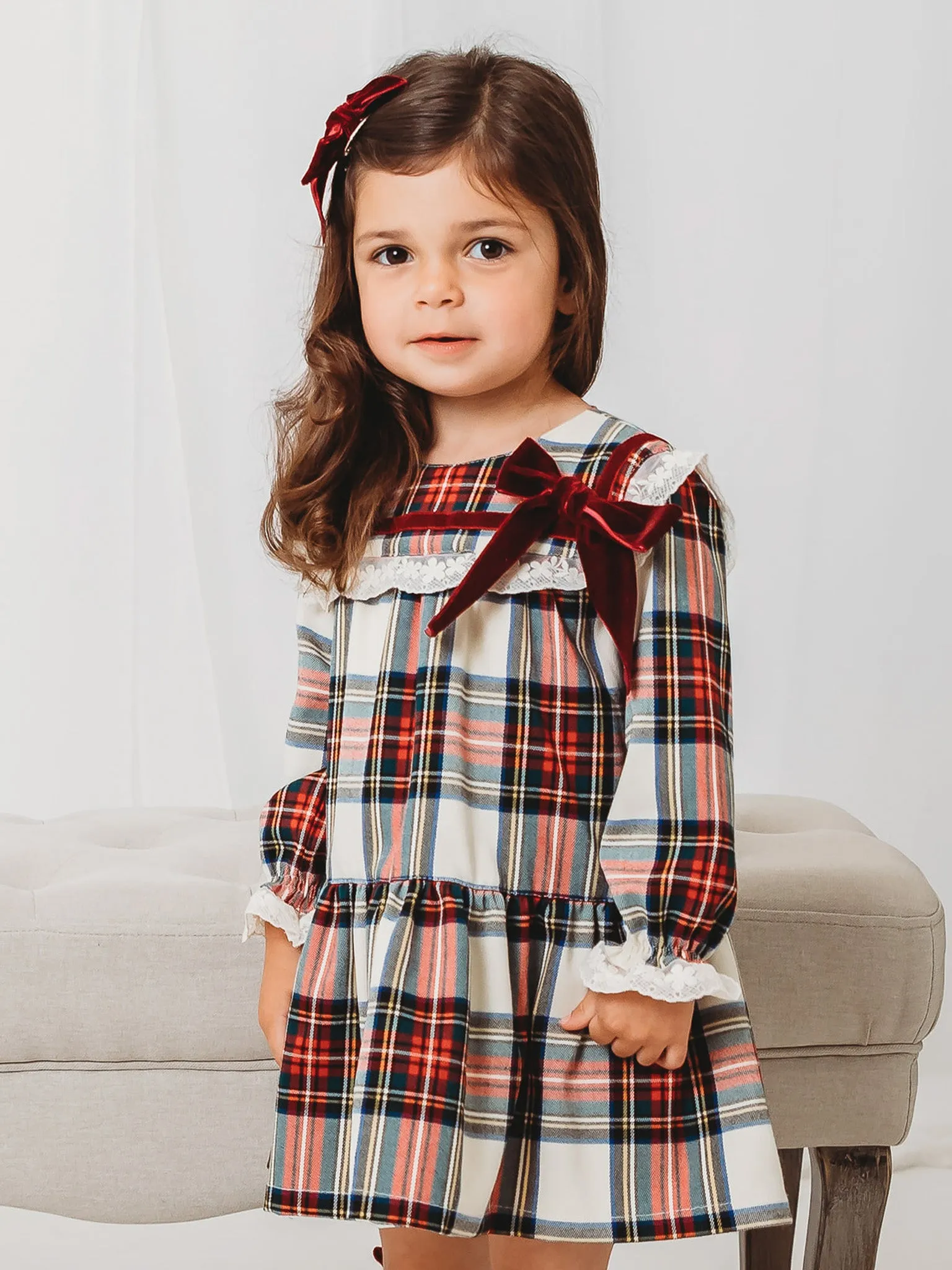 'Noelle' Tartan Dress with Burgundy Bow