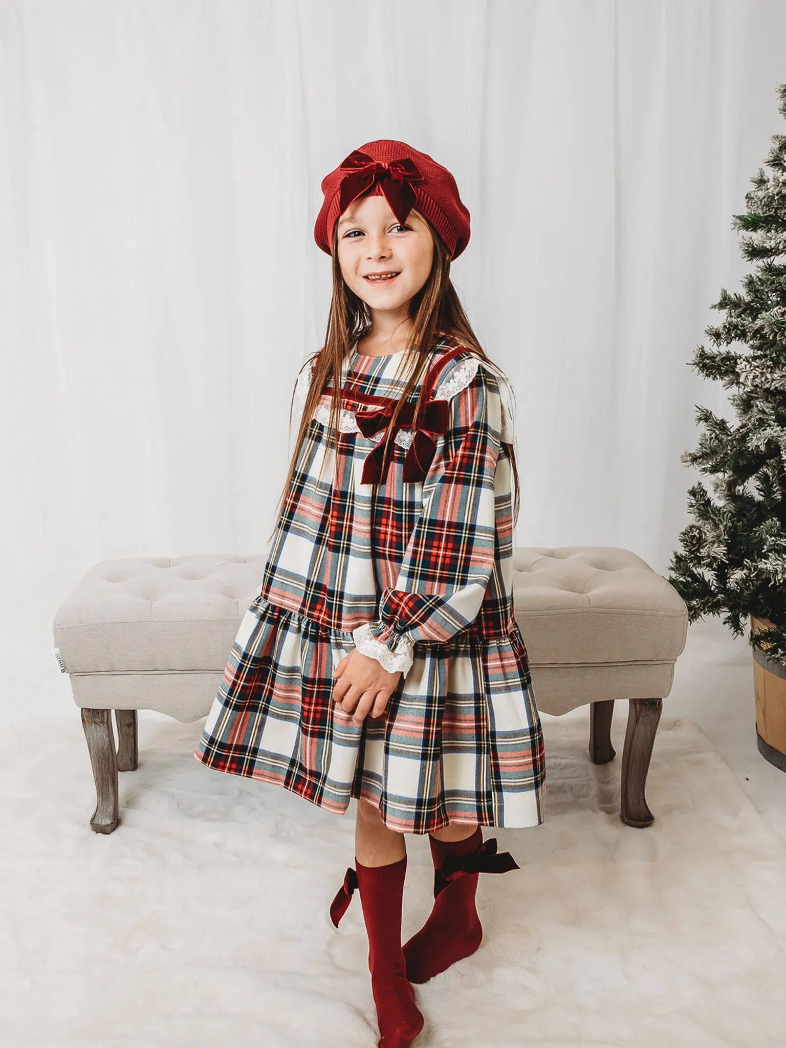 'Noelle' Tartan Dress with Burgundy Bow
