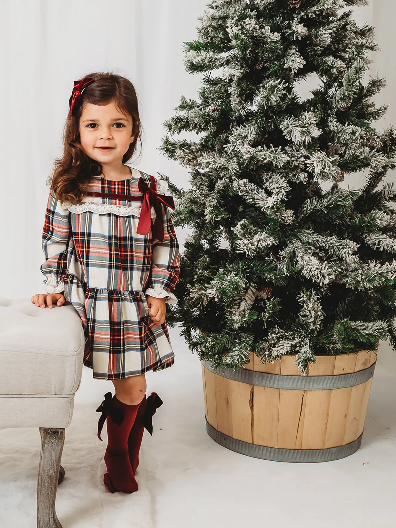 'Noelle' Tartan Dress with Burgundy Bow