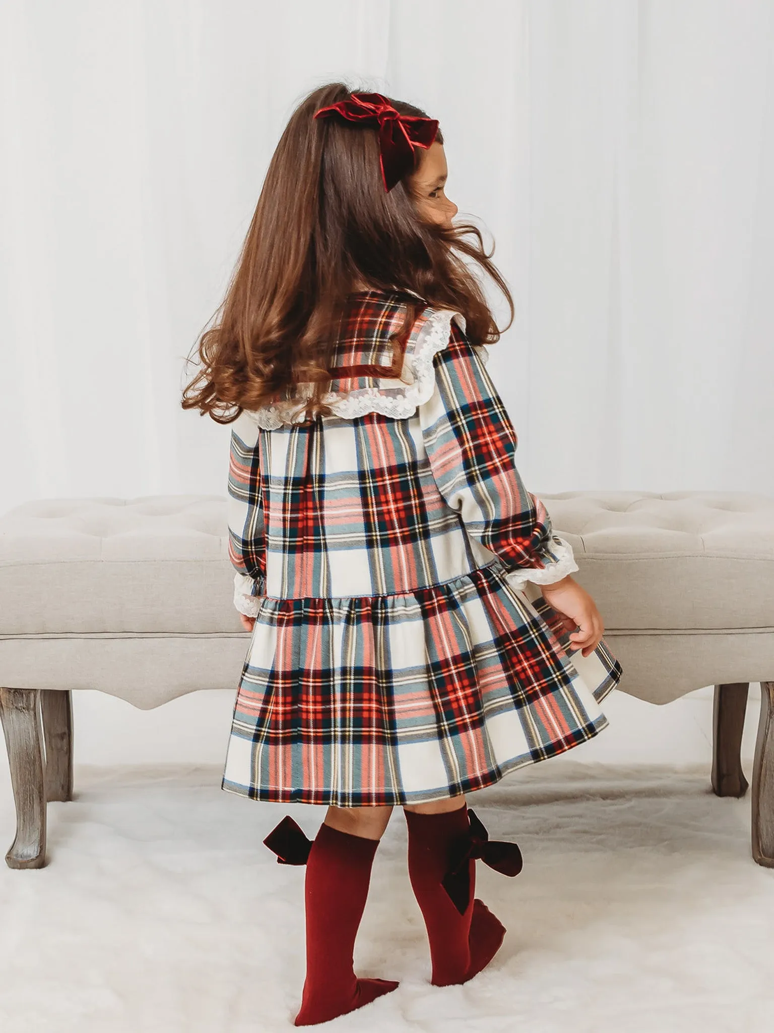 'Noelle' Tartan Dress with Burgundy Bow