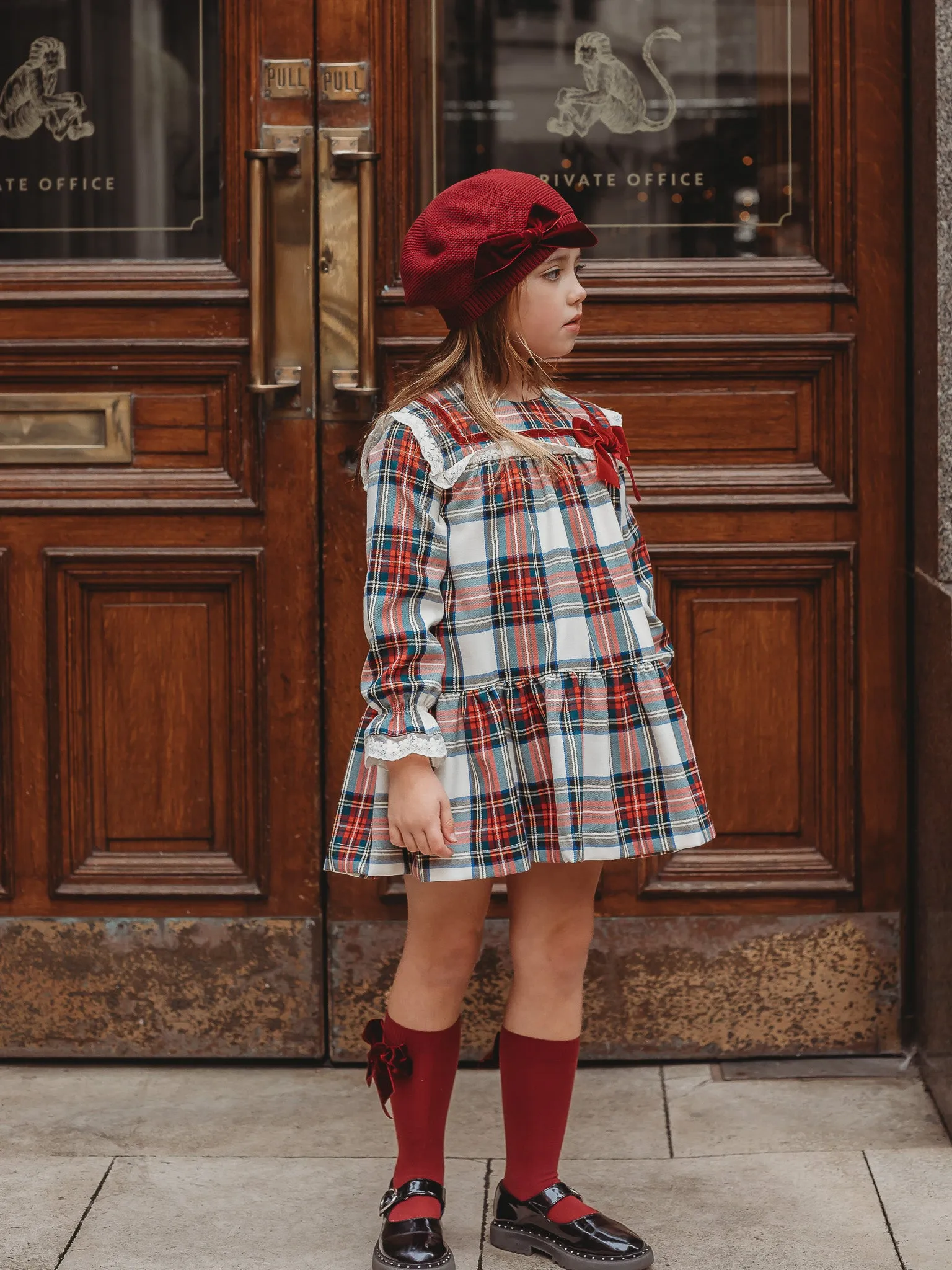 'Noelle' Tartan Dress with Burgundy Bow