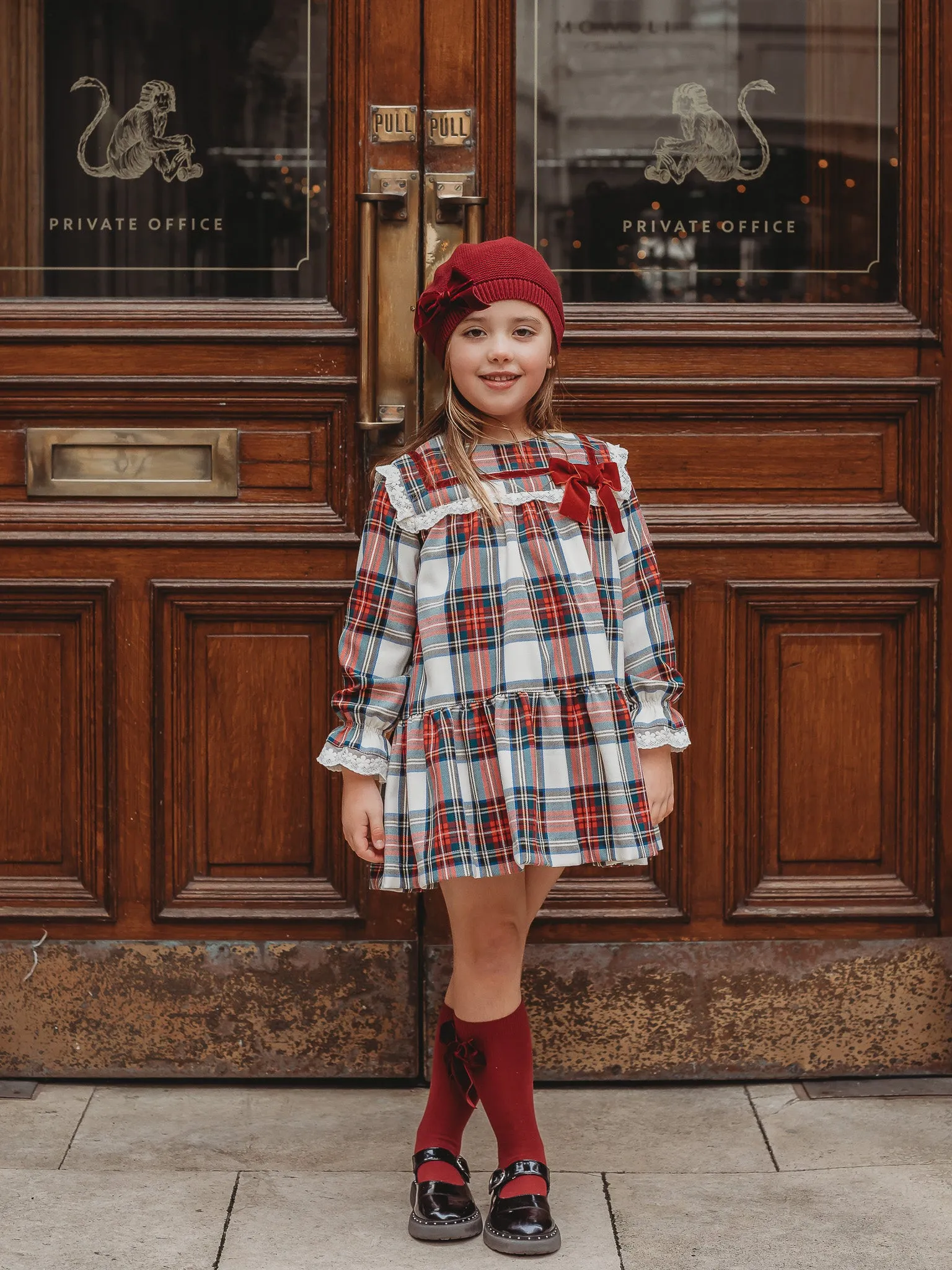 'Noelle' Tartan Dress with Burgundy Bow