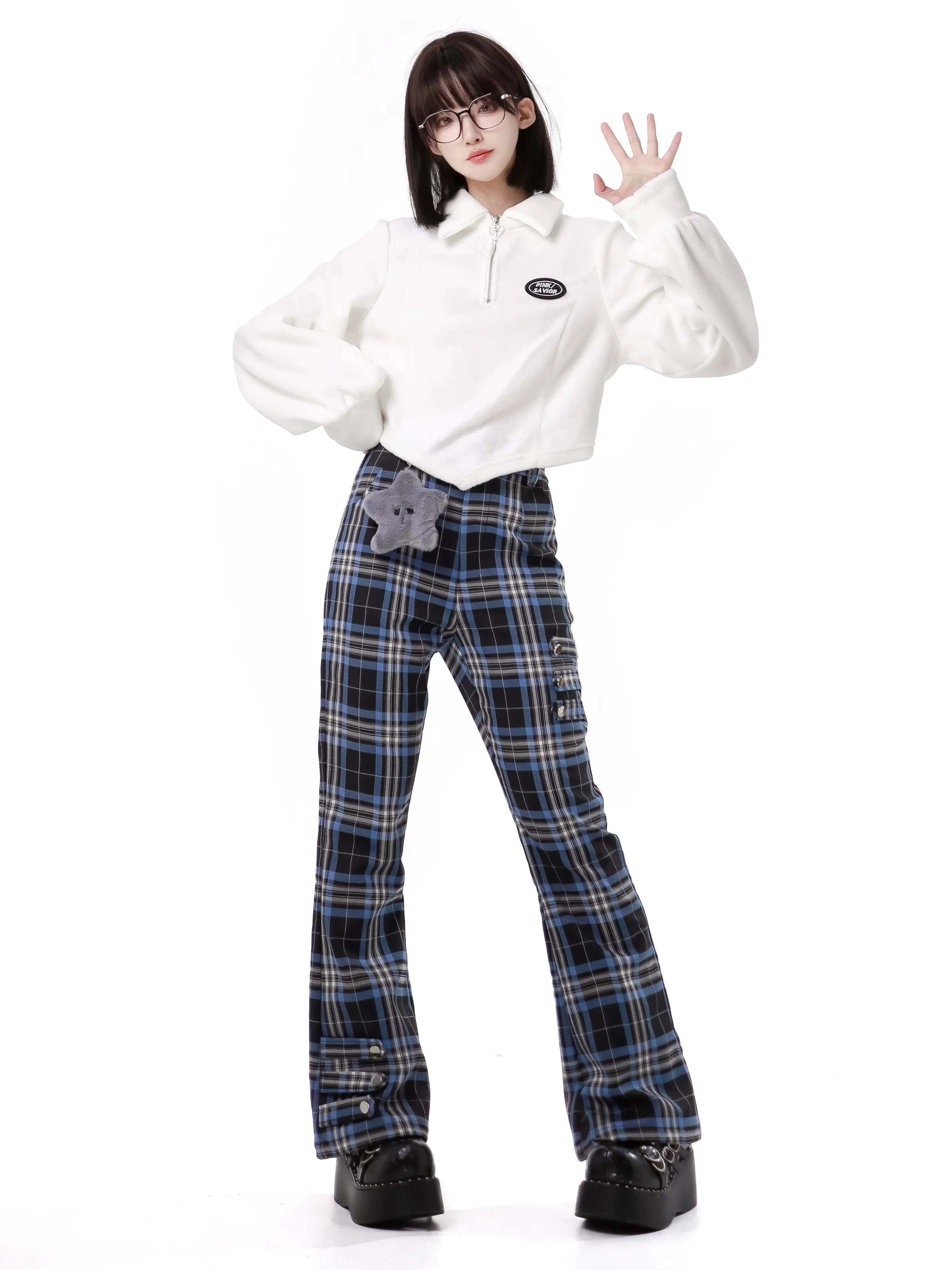 Nyar Star Gravity Velvet Cat ear Farjack Blue Check College Pants