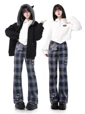Nyar Star Gravity Velvet Cat ear Farjack Blue Check College Pants