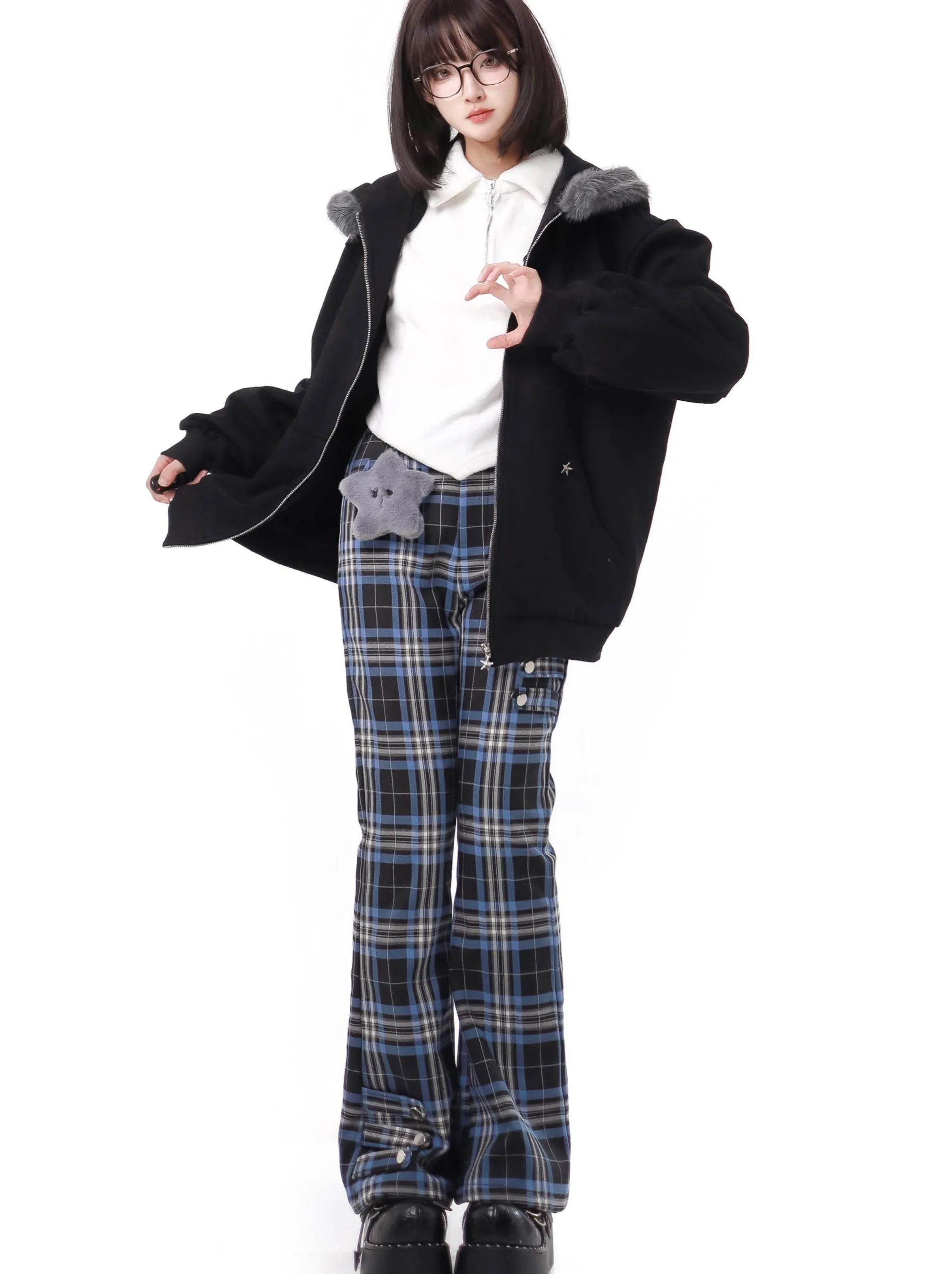 Nyar Star Gravity Velvet Cat ear Farjack Blue Check College Pants