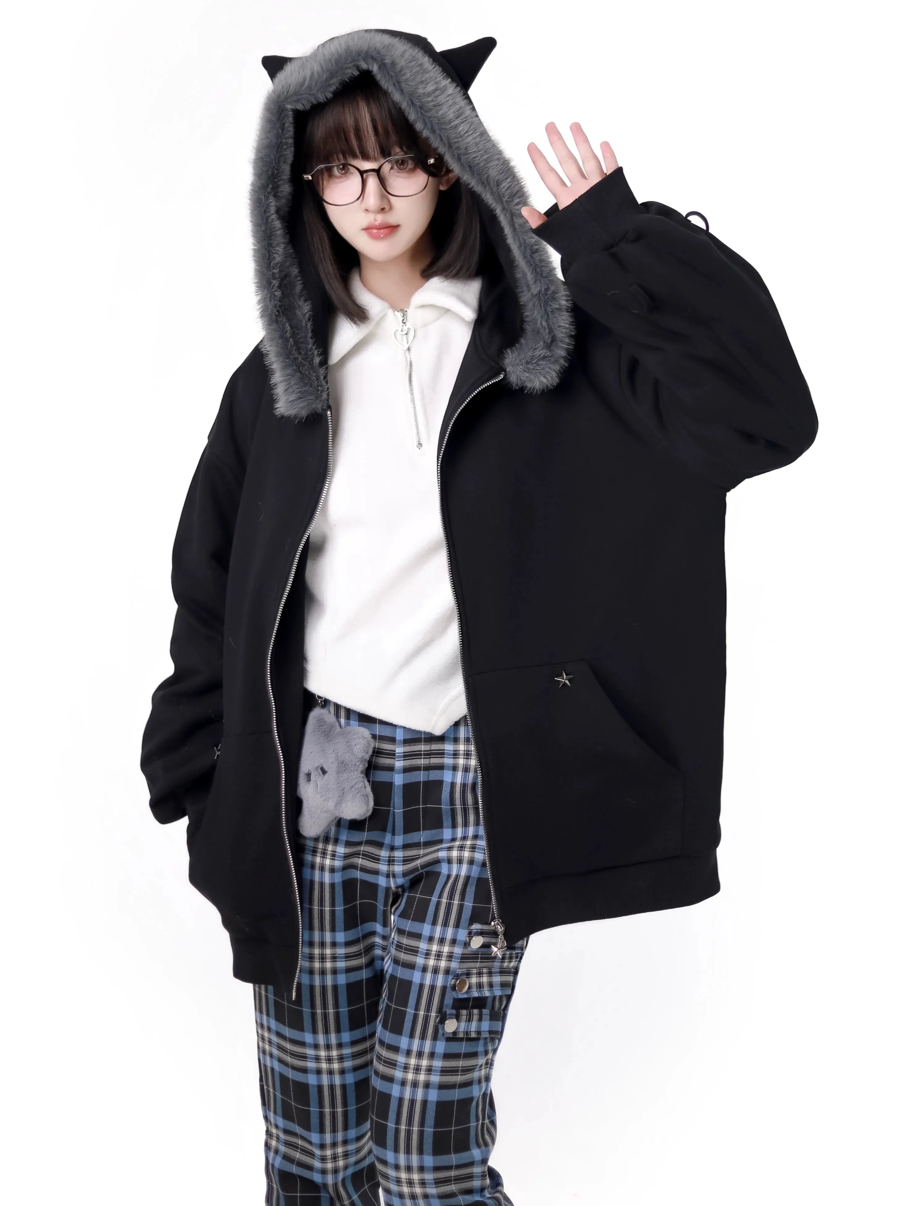 Nyar Star Gravity Velvet Cat ear Farjack Blue Check College Pants