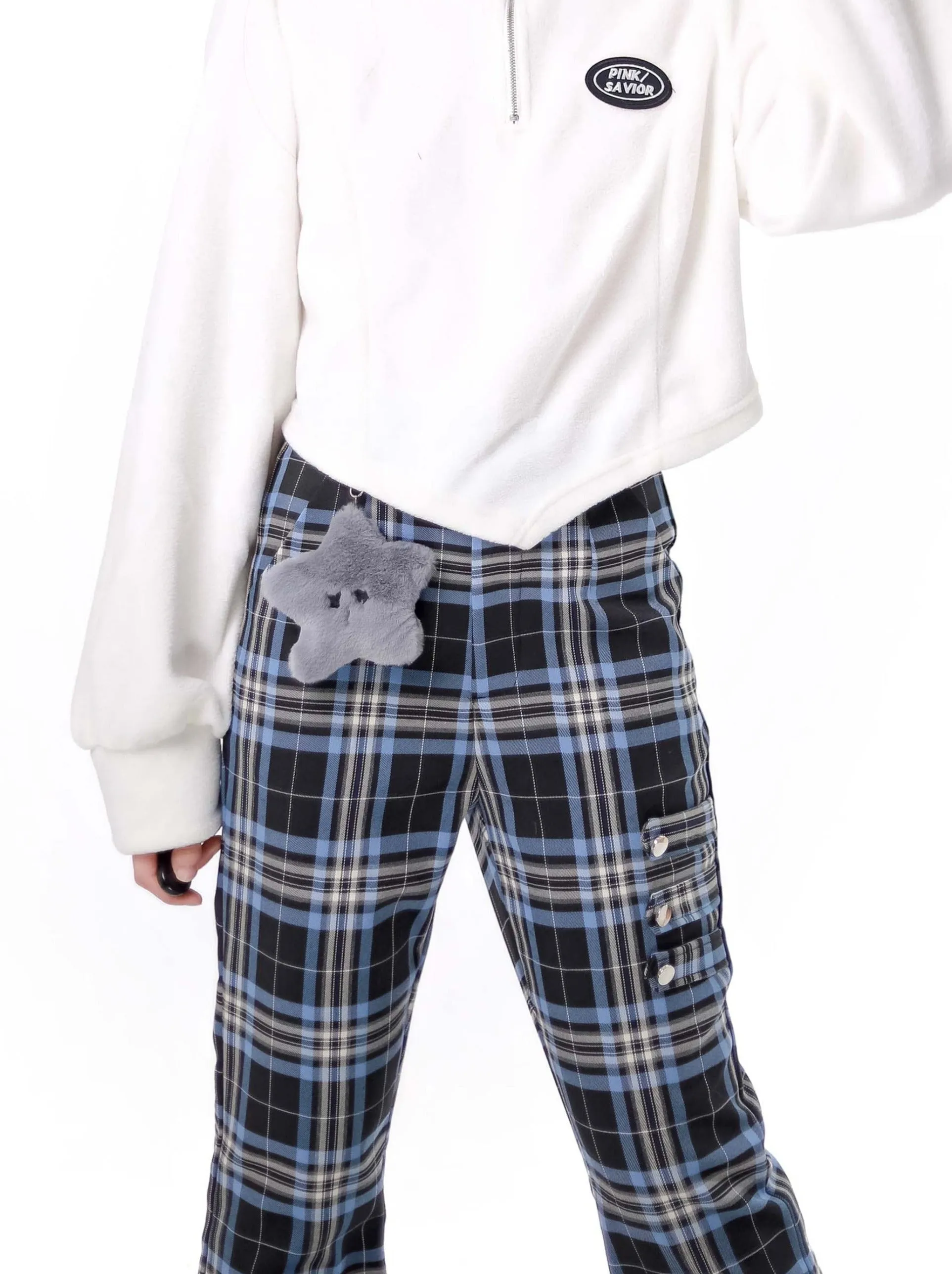 Nyar Star Gravity Velvet Cat ear Farjack Blue Check College Pants