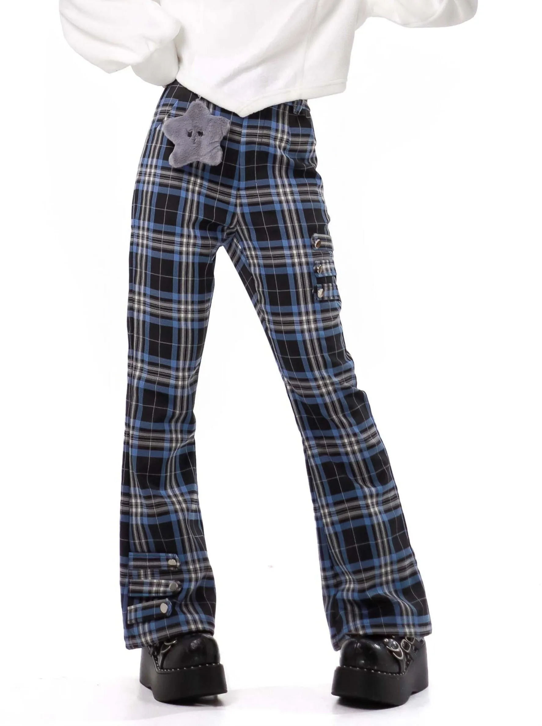 Nyar Star Gravity Velvet Cat ear Farjack Blue Check College Pants