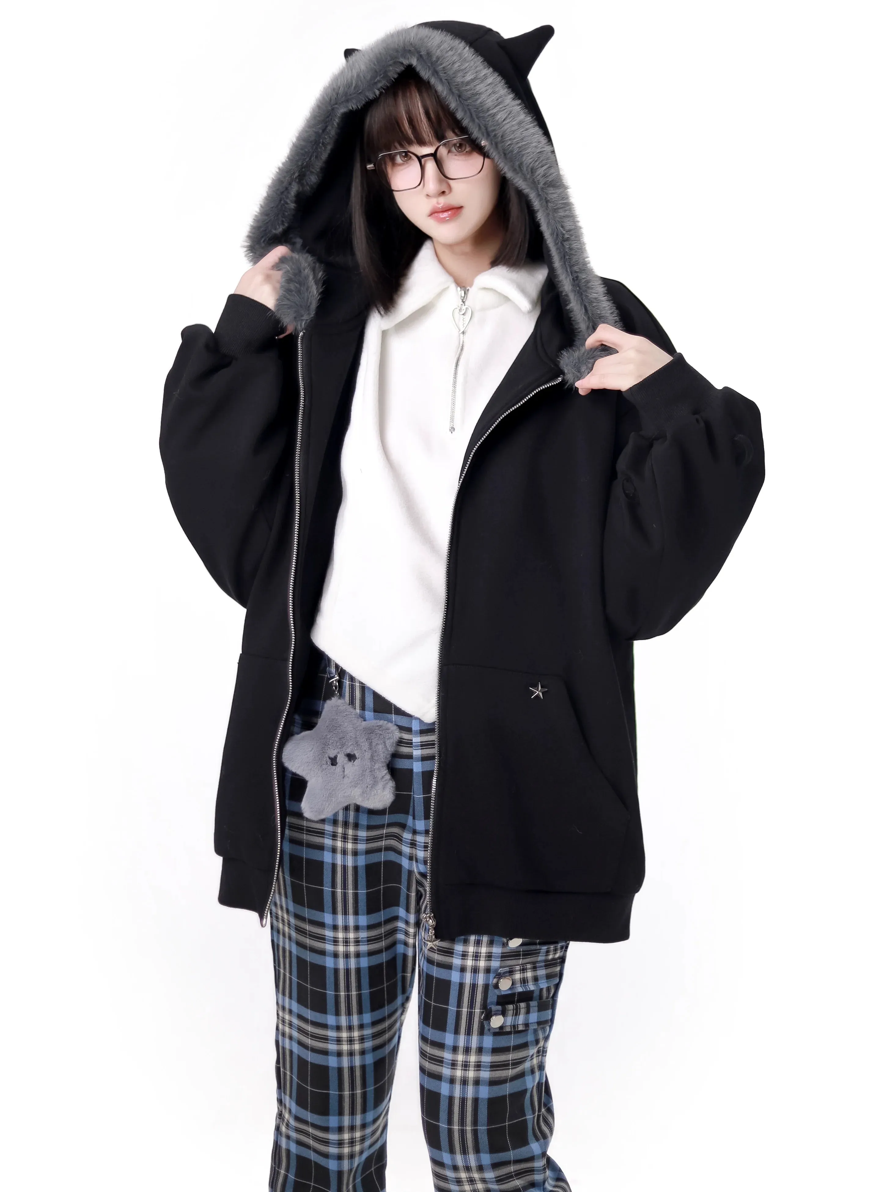 Nyar Star Gravity Velvet Cat ear Farjack Blue Check College Pants