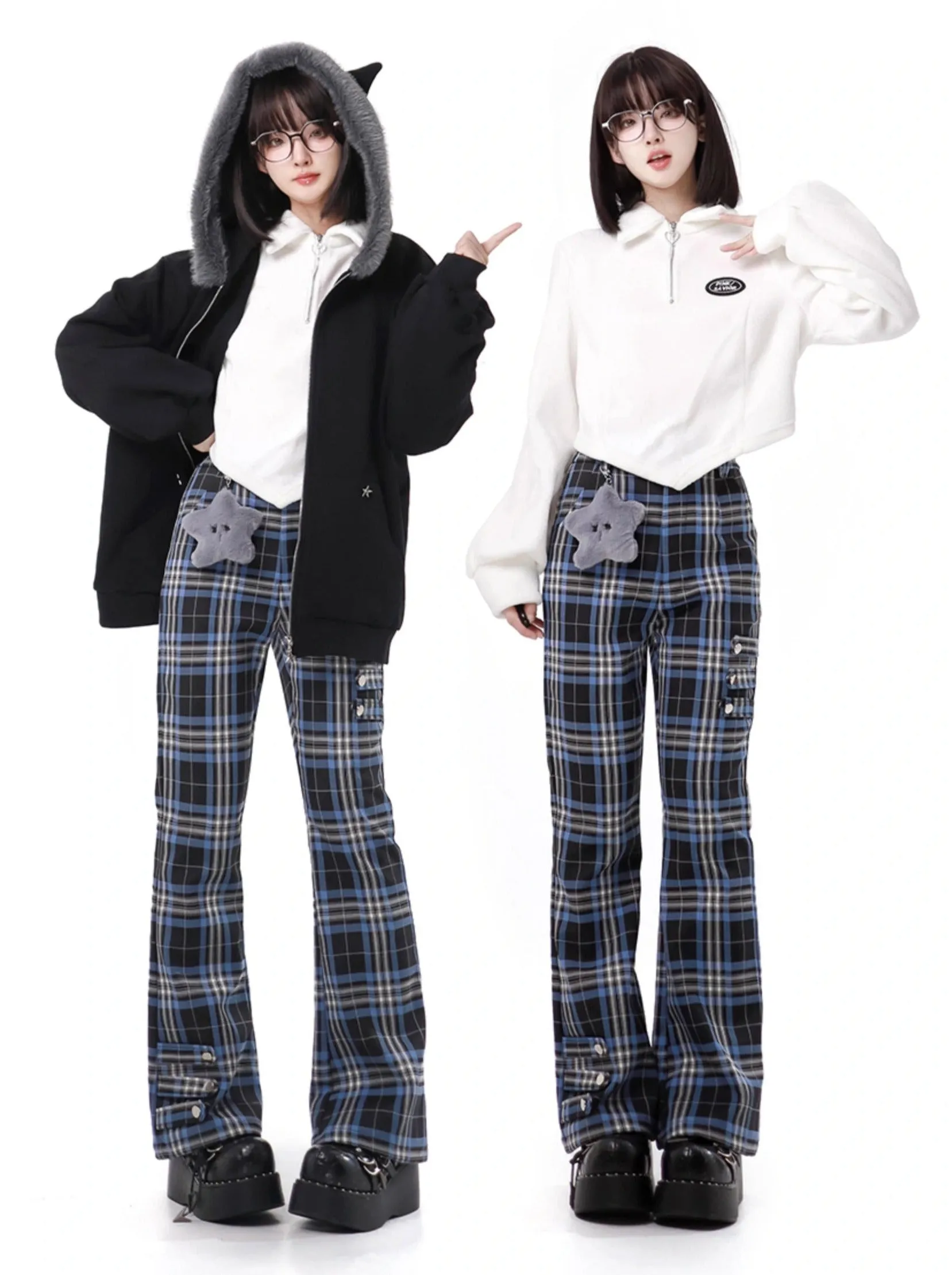 Nyar Star Gravity Velvet Cat ear Farjack Blue Check College Pants