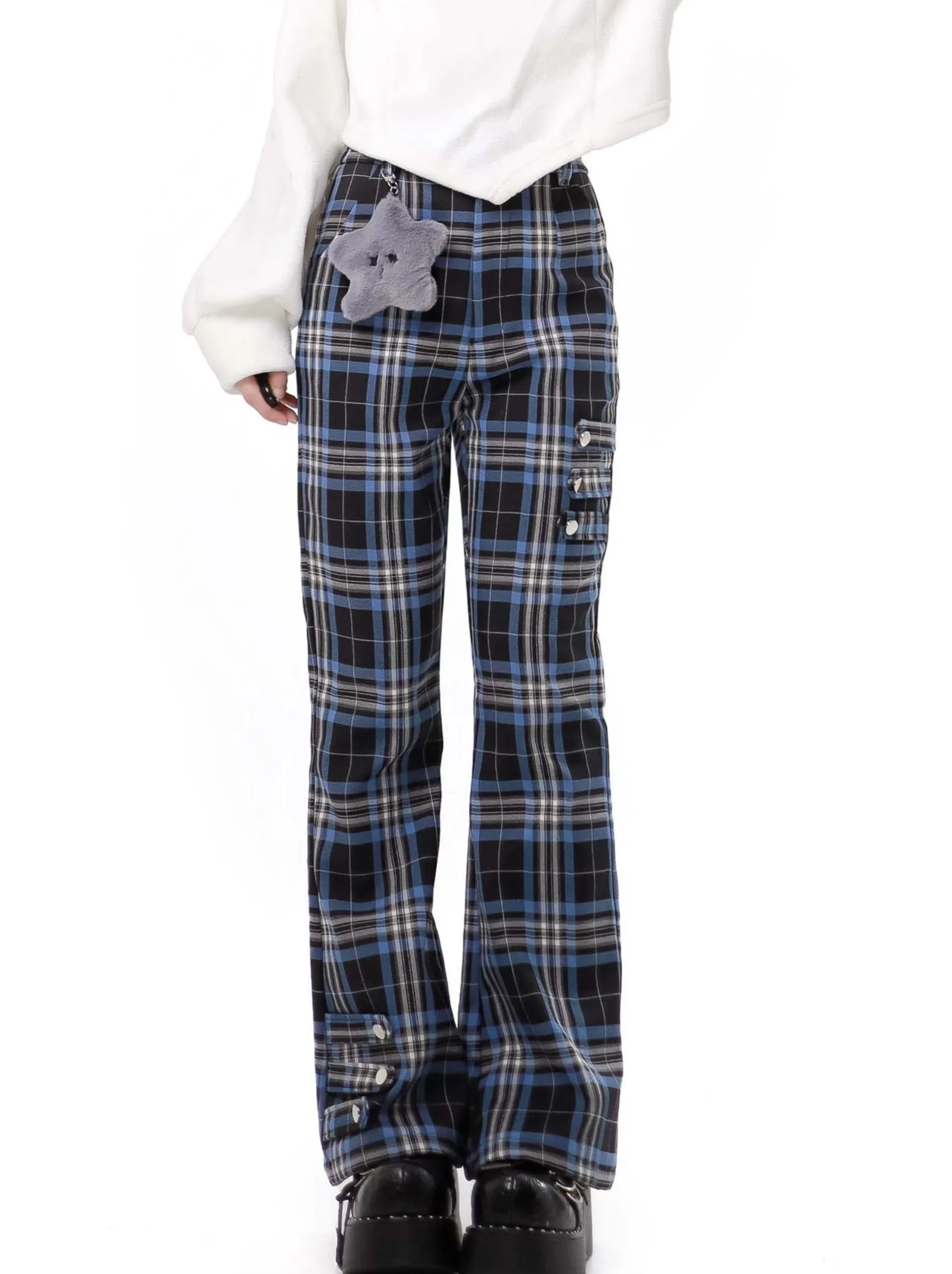 Nyar Star Gravity Velvet Cat ear Farjack Blue Check College Pants