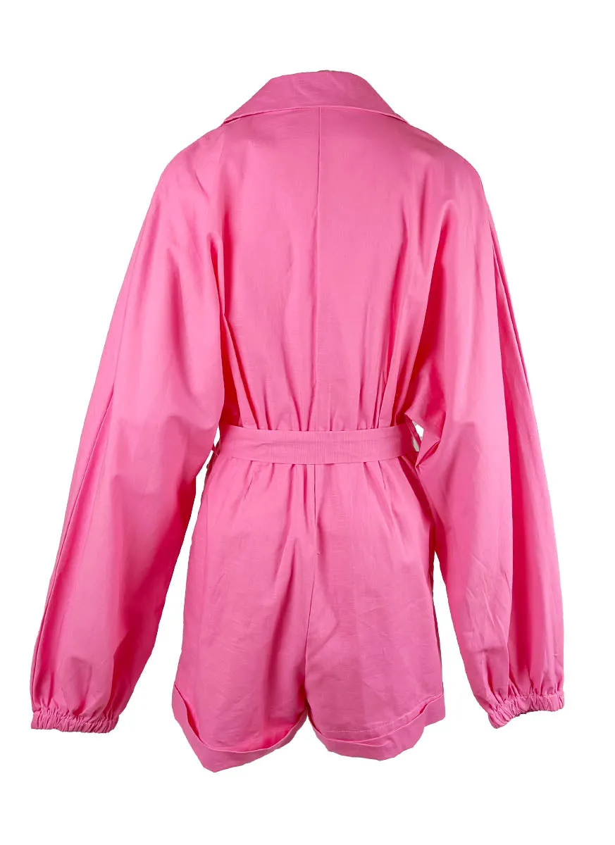 O240014 Long Sleeve Waist Tie Romper *Pink