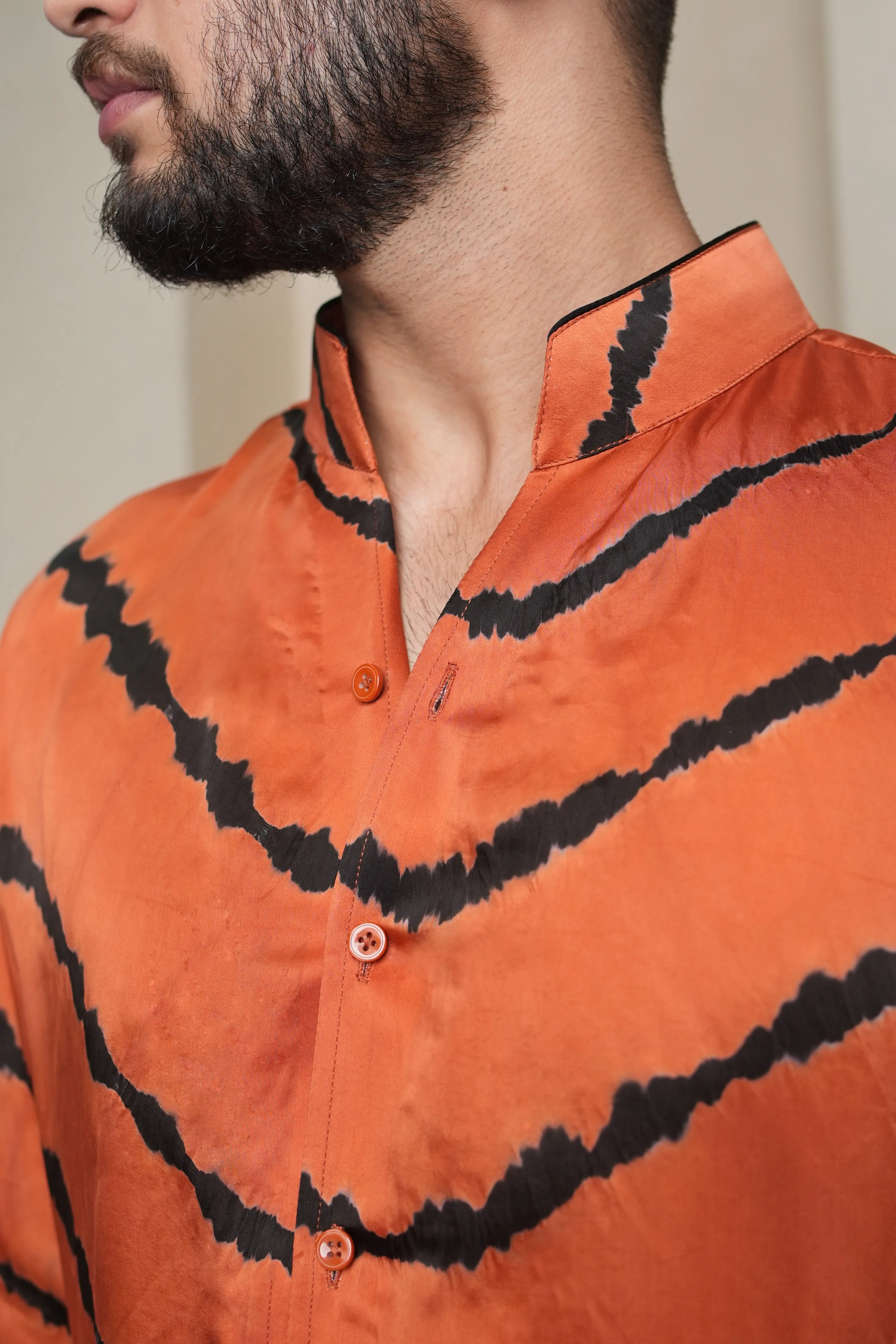Orange Black Lehriya Silk  Shirt
