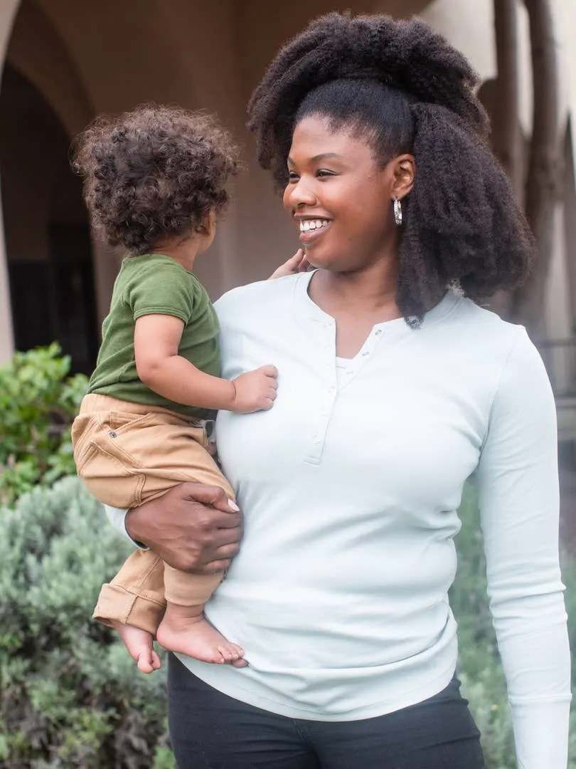 Organic Cotton Henley Nursing & Maternity Long Sleeve Shirt - Sky Grey