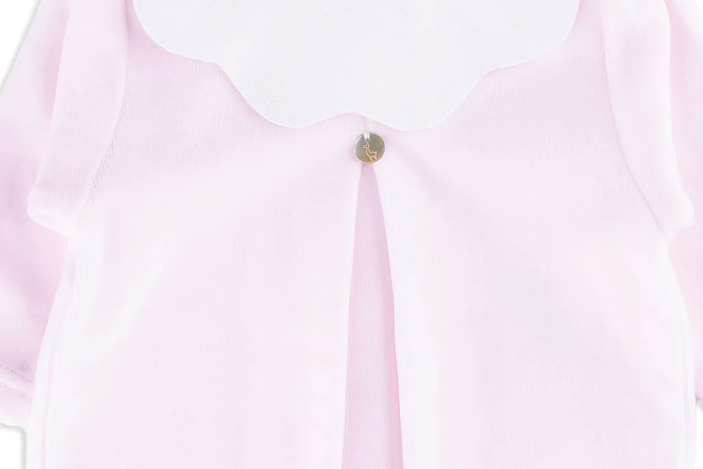 Pink and White Velour Footed Romper with Scalloped Collar
