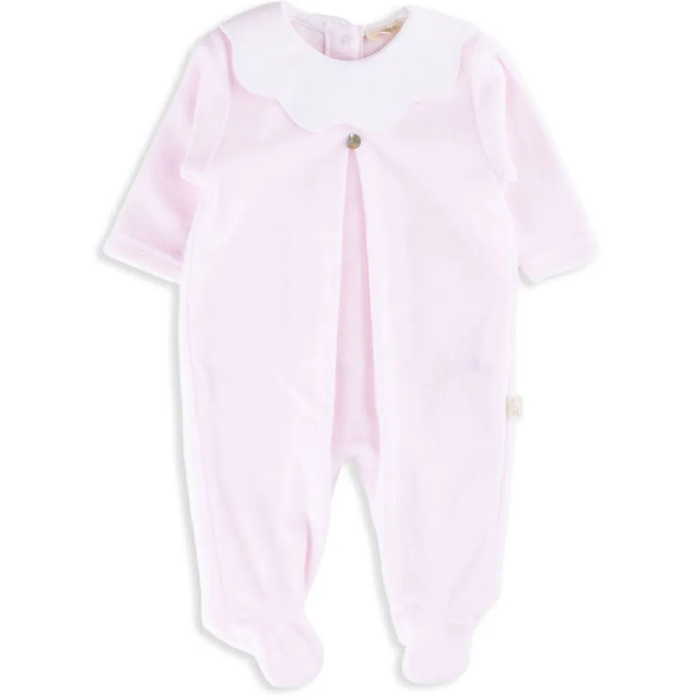 Pink and White Velour Footed Romper with Scalloped Collar