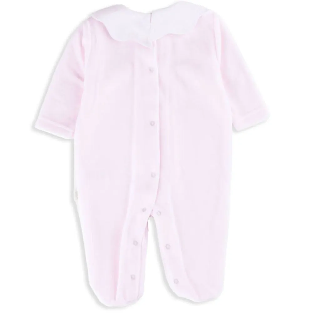 Pink and White Velour Footed Romper with Scalloped Collar