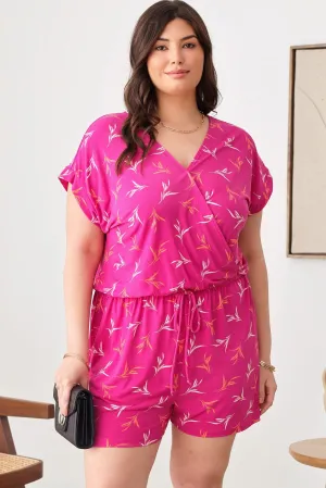 Plus Size Floral Warp Bust Adjustable Waist Belt Romper