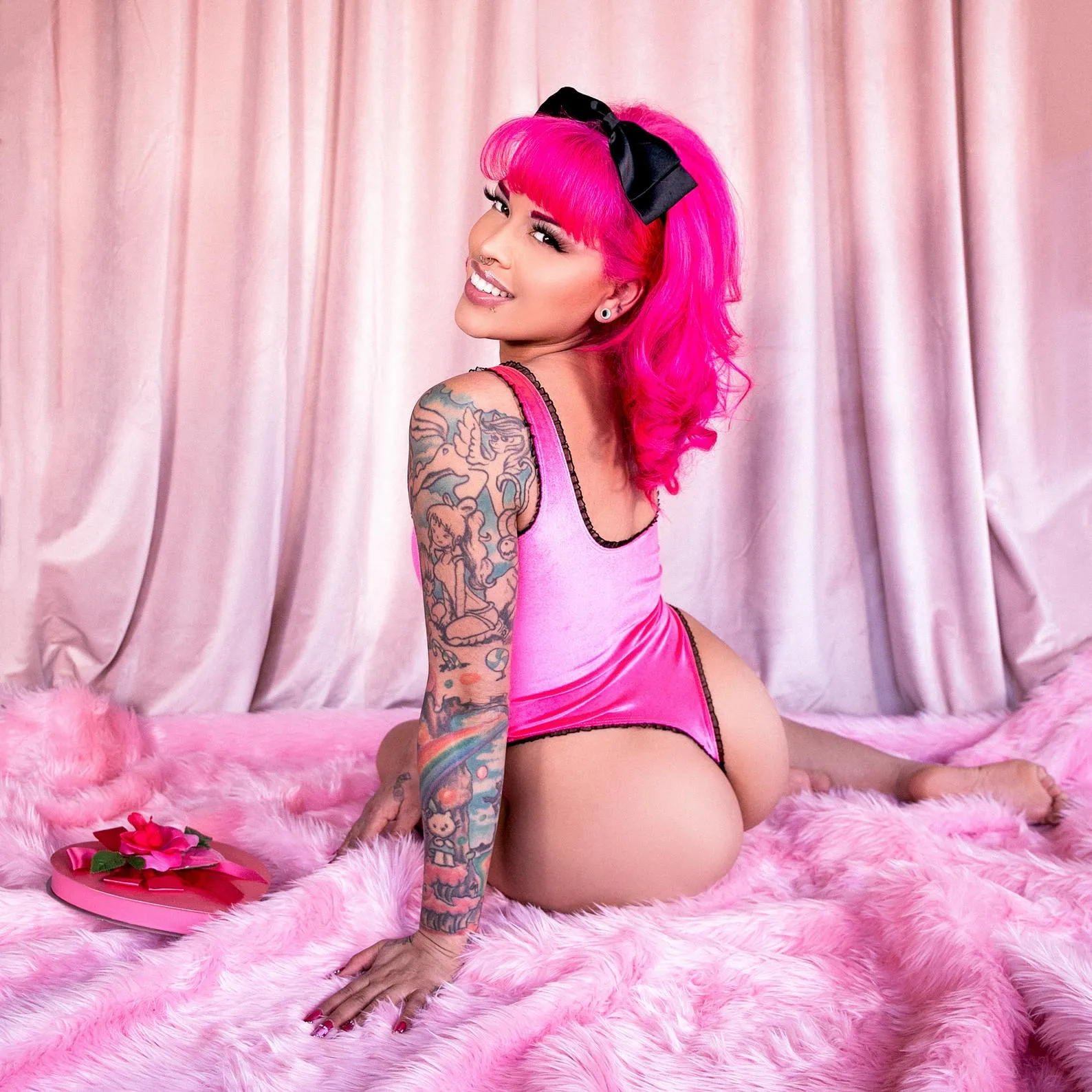 Plush Velvet Highcut Sweetheart Bodysuit with Ruffle Trim in Neon Pink