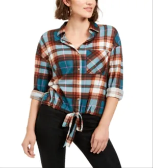 Polly & Esther Junior's Soft Drawstring Hem Plaid Shirt Green Multi  Size Large