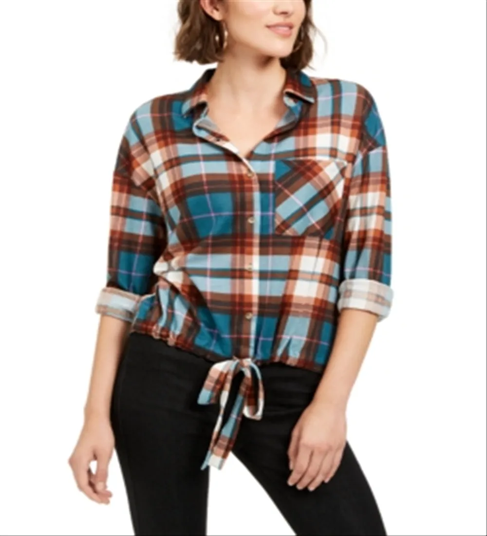 Polly & Esther Junior's Soft Drawstring Hem Plaid Shirt Green Multi  Size Large