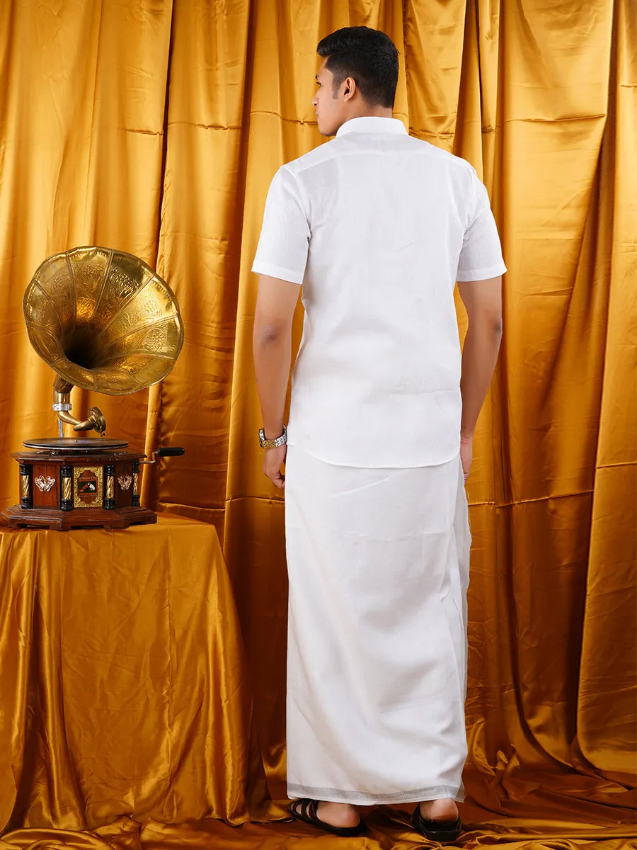 Premium Pure Linen Shirt Half Sleeves with Silver Jari Dhoti Combo
