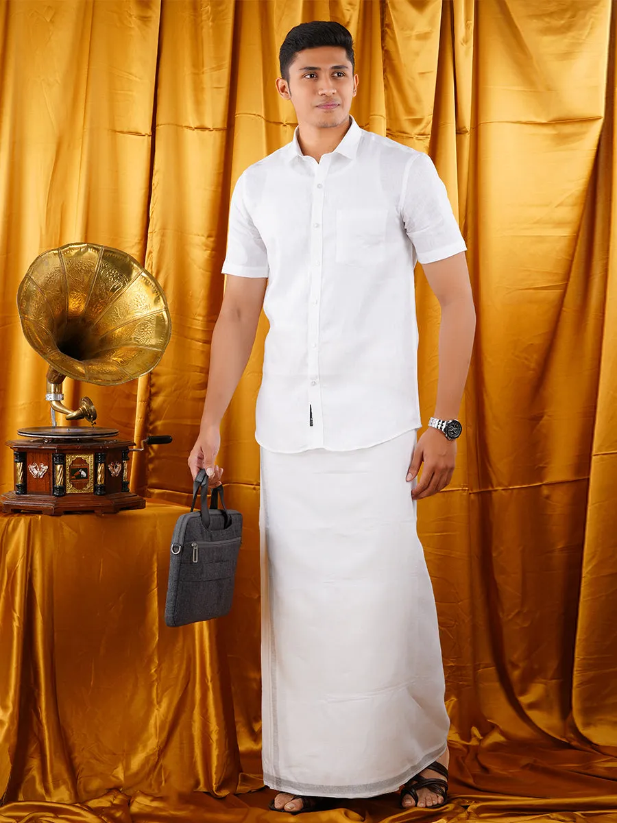 Premium Pure Linen Shirt Half Sleeves with Silver Jari Dhoti Combo