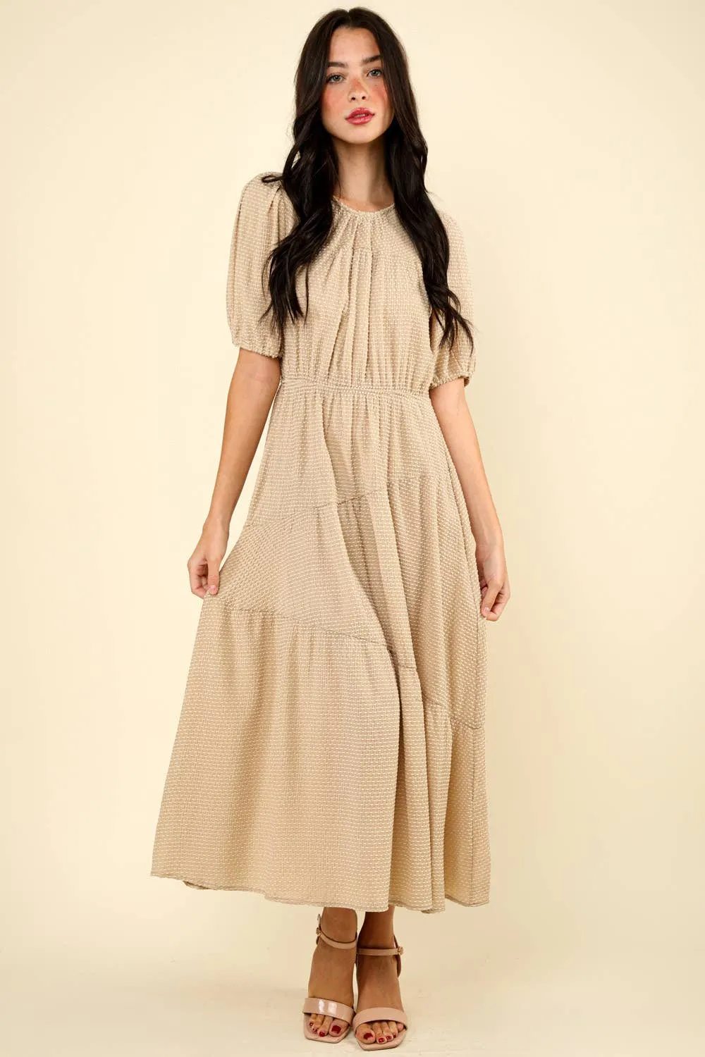 Puff Sleeve Textured Midi Dress