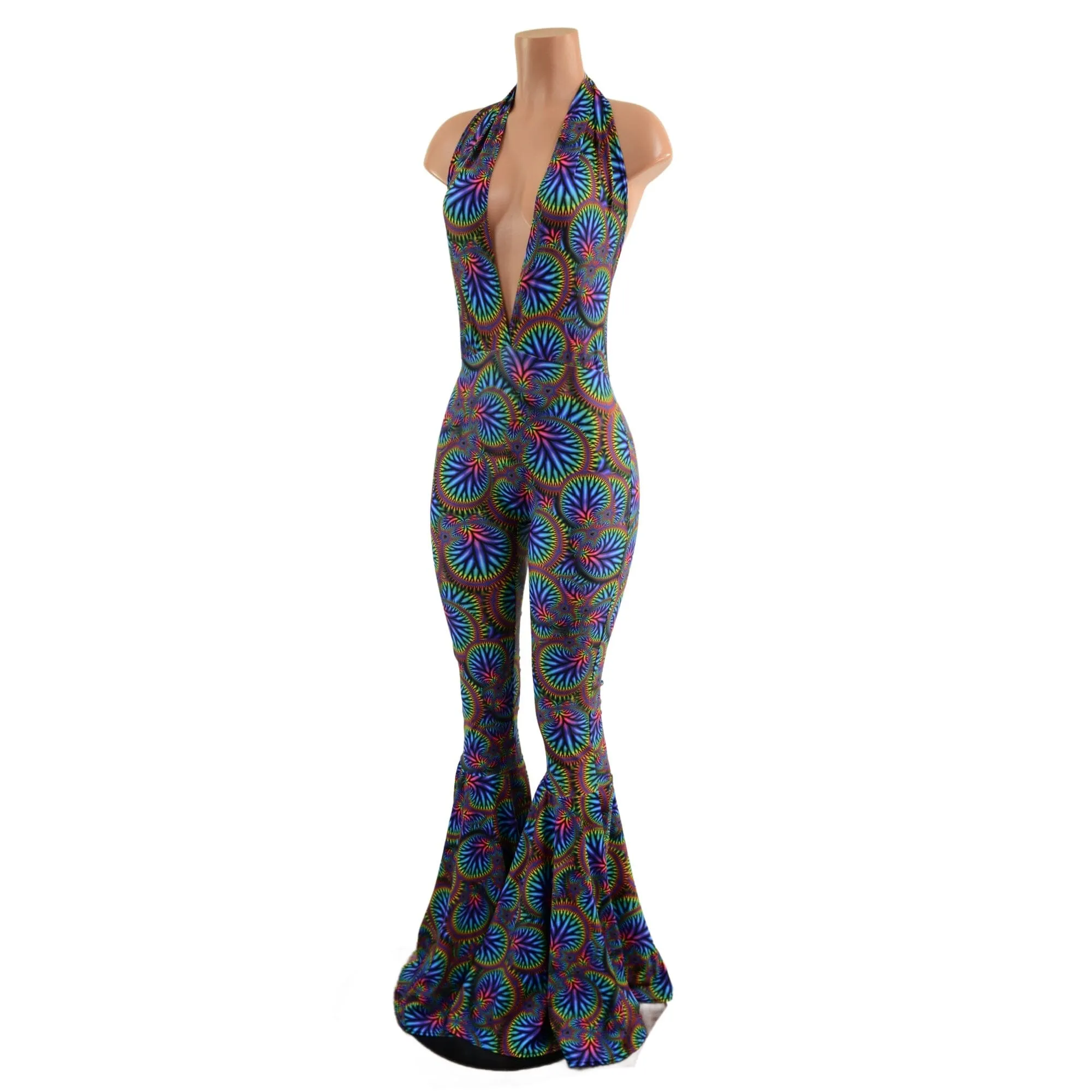 "Josie" Halter Bell Bottom Flare Catsuit in Radioactive