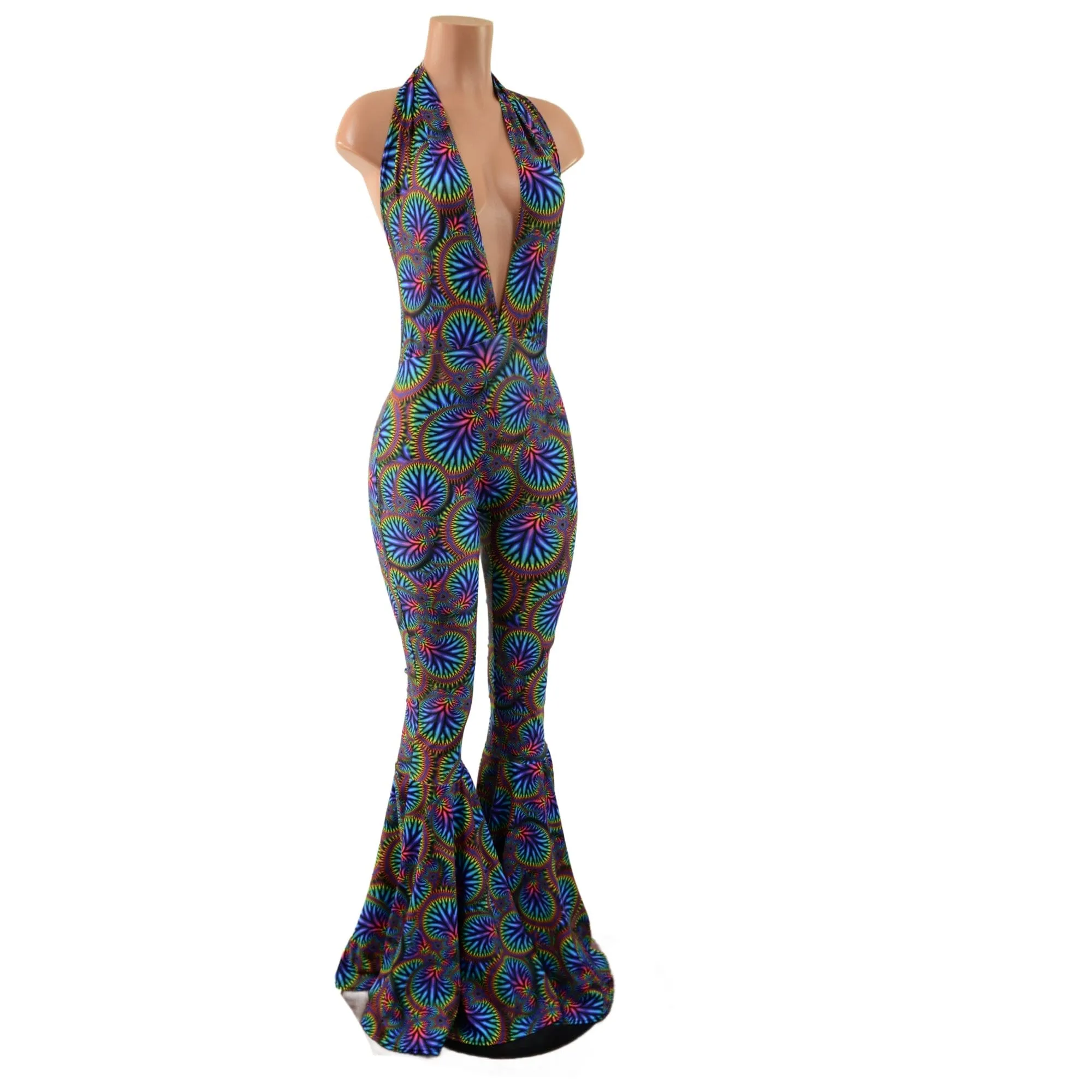 "Josie" Halter Bell Bottom Flare Catsuit in Radioactive