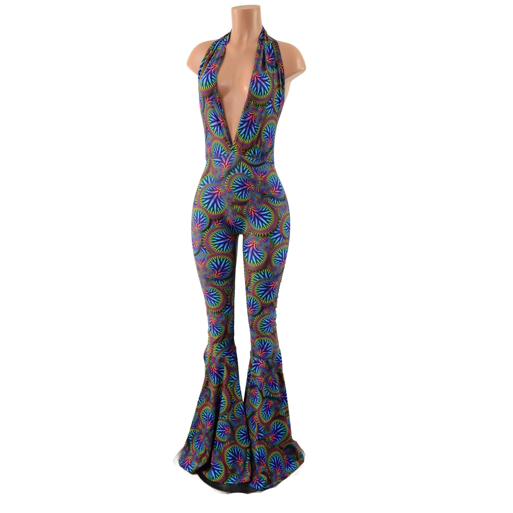 "Josie" Halter Bell Bottom Flare Catsuit in Radioactive