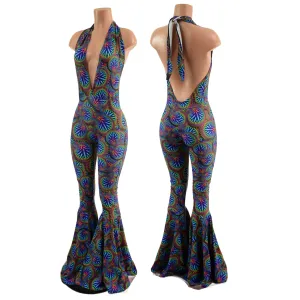 "Josie" Halter Bell Bottom Flare Catsuit in Radioactive