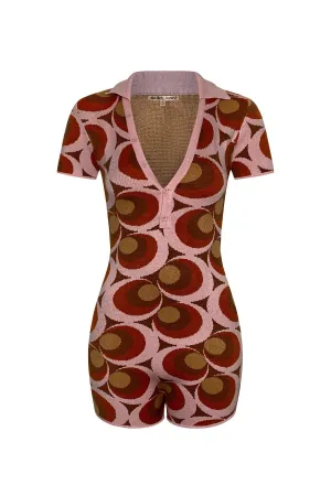 "RETRO BABY GIRL" Soft Pink Brown & Tan Heavy-Knit Jacquard Romper