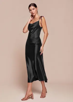 Rosie Satin Slip Cowl Neck Midi Dress Black