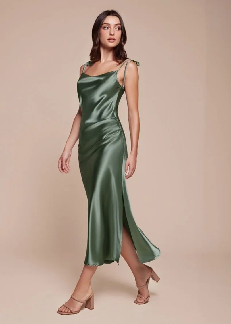 Rosie Satin Slip Cowl Neck Midi Dress Dusty Blue