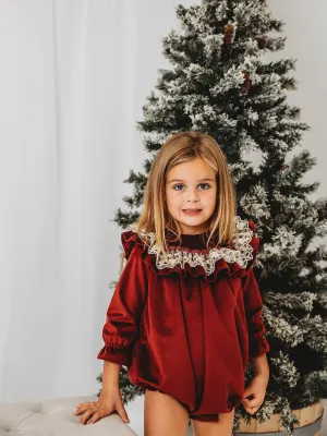 'Ruby' Burgundy velvet & gold lace romper