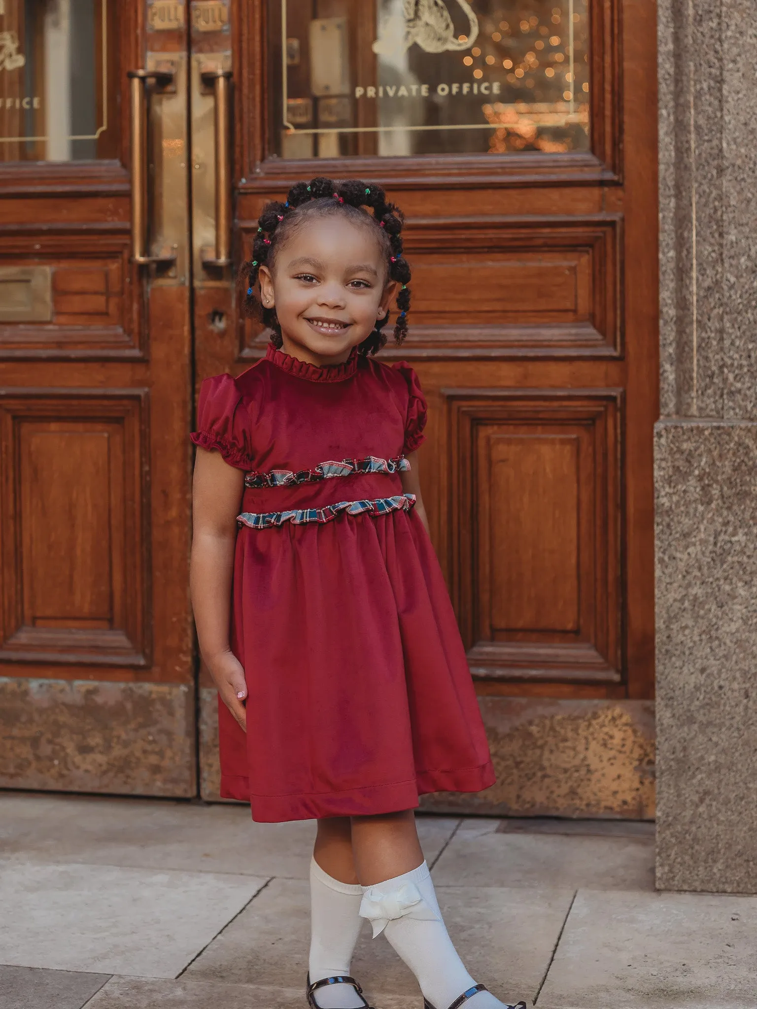 'Ruby' burgundy velvet & tartan dress