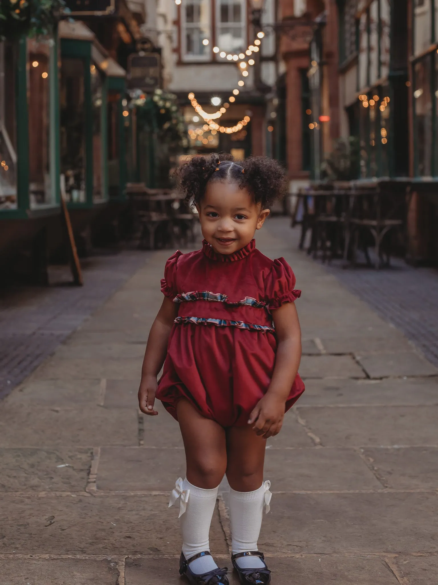'Ruby' ivory velvet & tartan romper