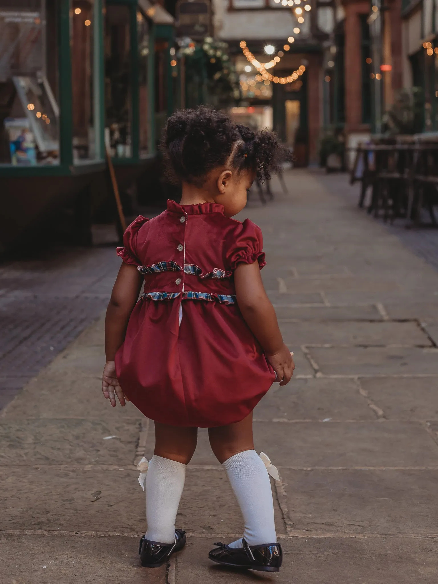 'Ruby' ivory velvet & tartan romper