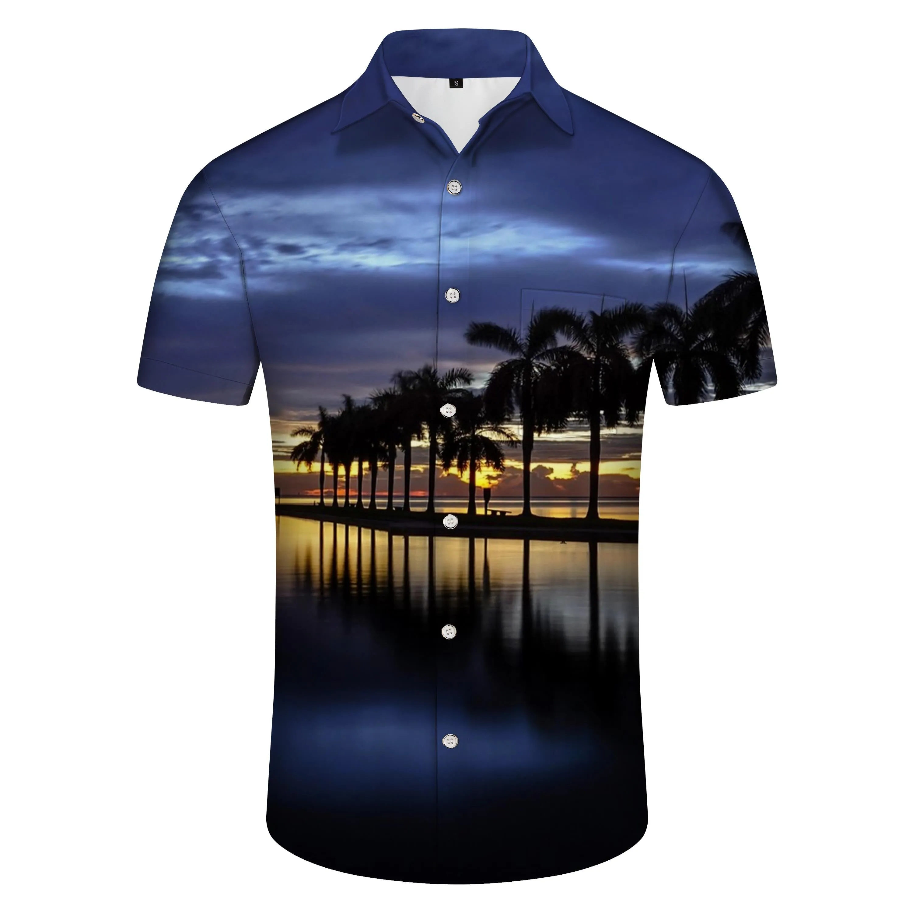 Sea blue holiday beach shirt style beach style shirt short sleeve casual fashion tropical shirt button Hawaiian shirt men's lapel casual wear