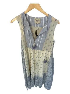 Sea New York Size 2 Cream & Blue Sleeveless Flowers Buttons Midi Dress
