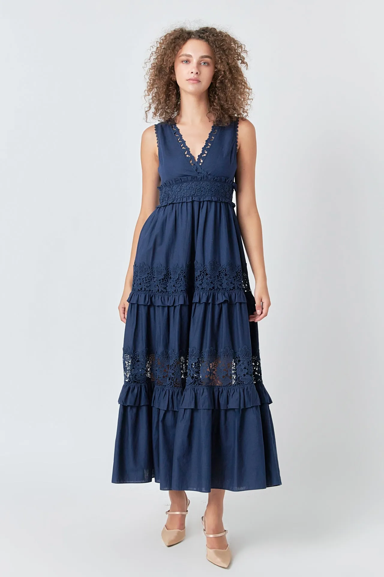 Sleeveless Lace Mixed Long Dress