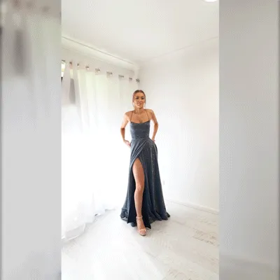 Sparkling holographic electrifying blue dress with slit