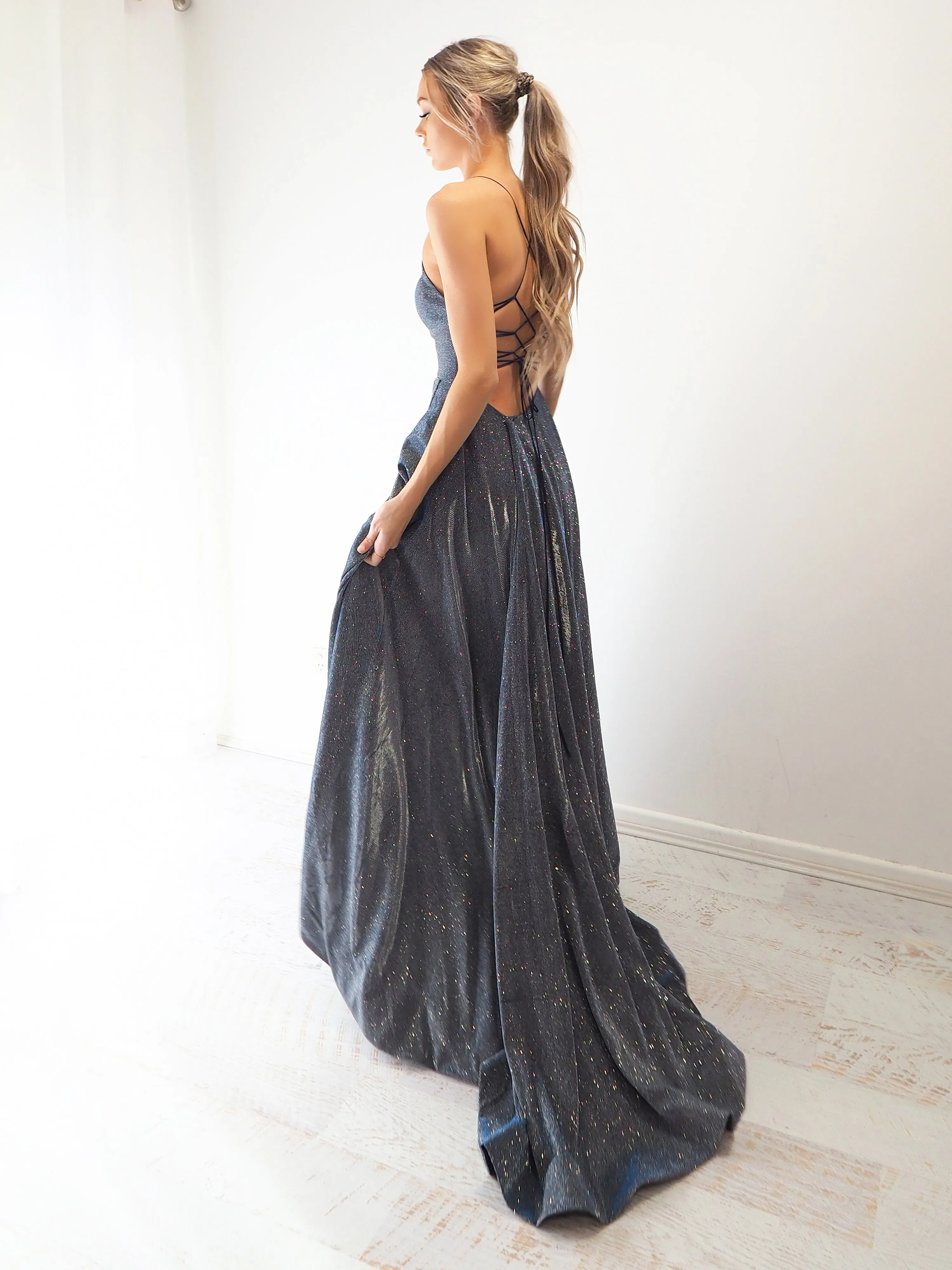 Sparkling holographic electrifying blue dress with slit