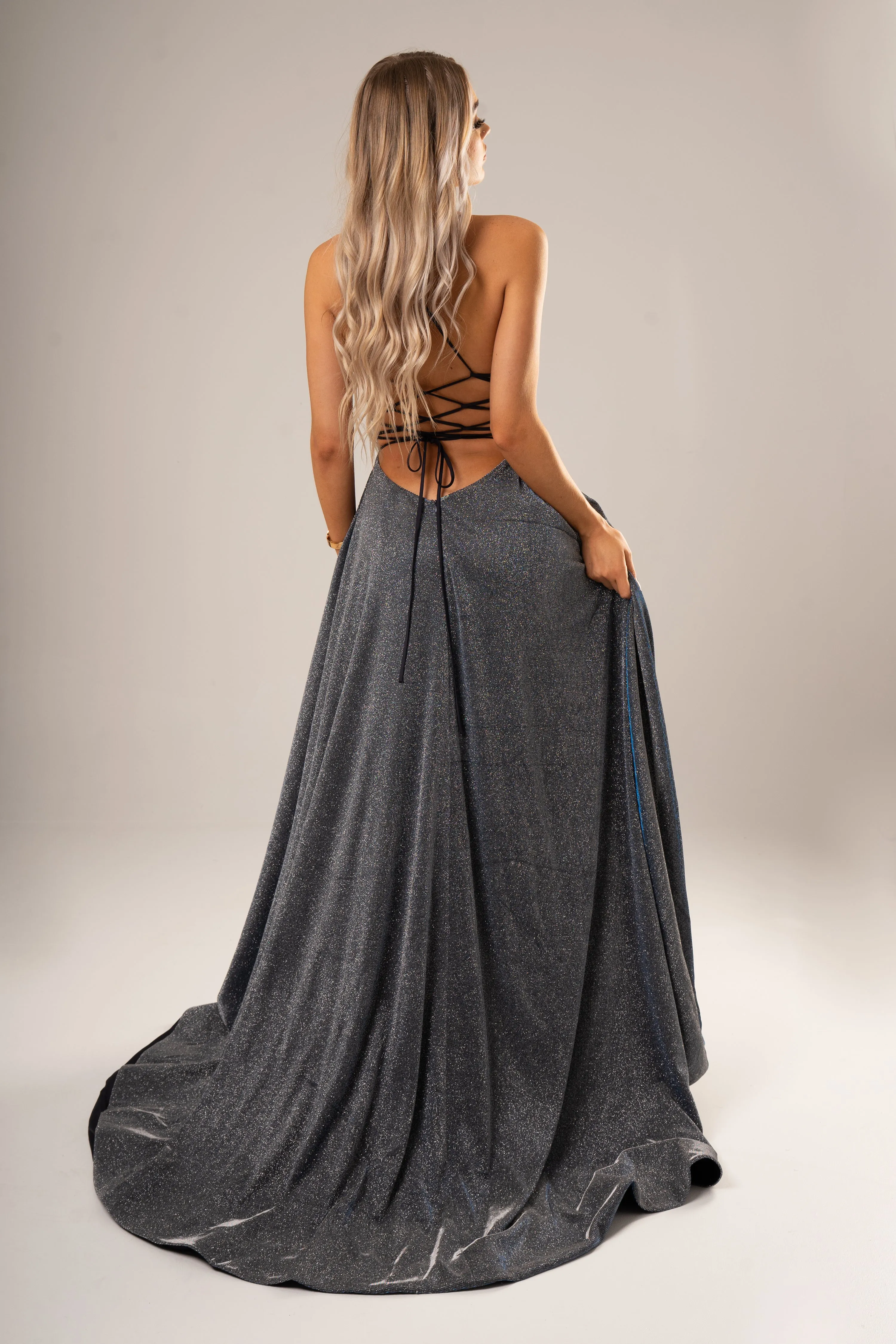 Sparkling holographic electrifying blue dress with slit