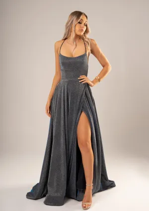 Sparkling holographic electrifying blue dress with slit